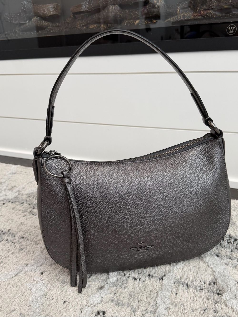 Coach Y2K Sutton Metallic Gunmetal Gray Pebbled Leather Shoulder Bag